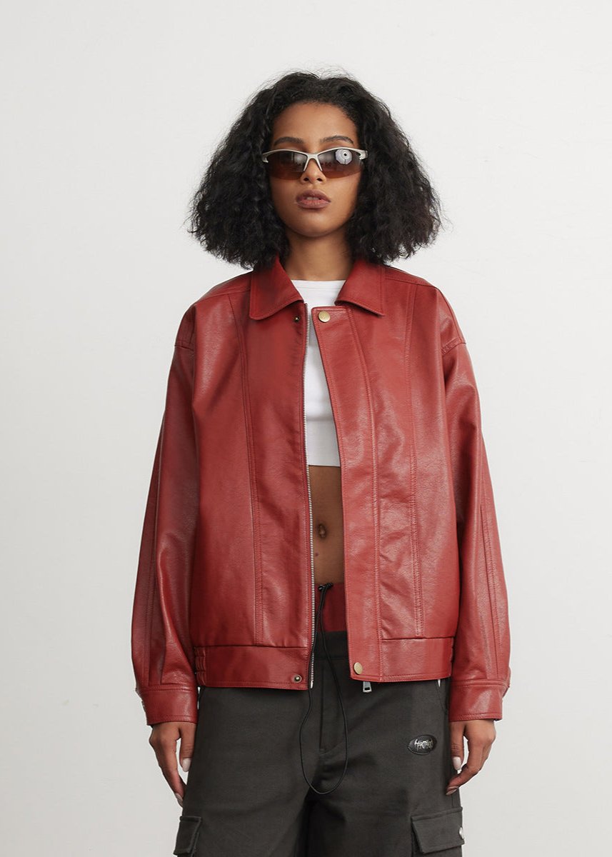 Blouson en cuir rouge style unisexe