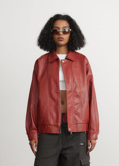 Blouson en cuir rouge style unisexe