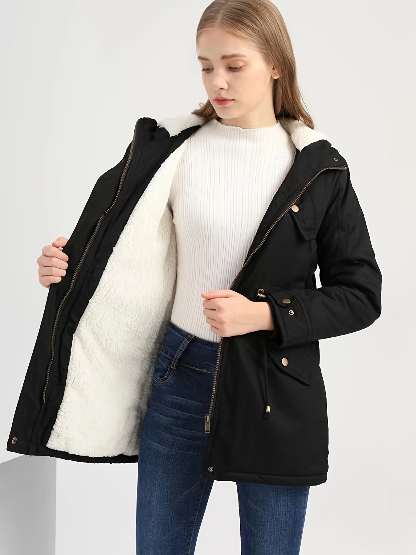Schwarze Damenwinterjacke mit Kapuze - IdealeKleiden