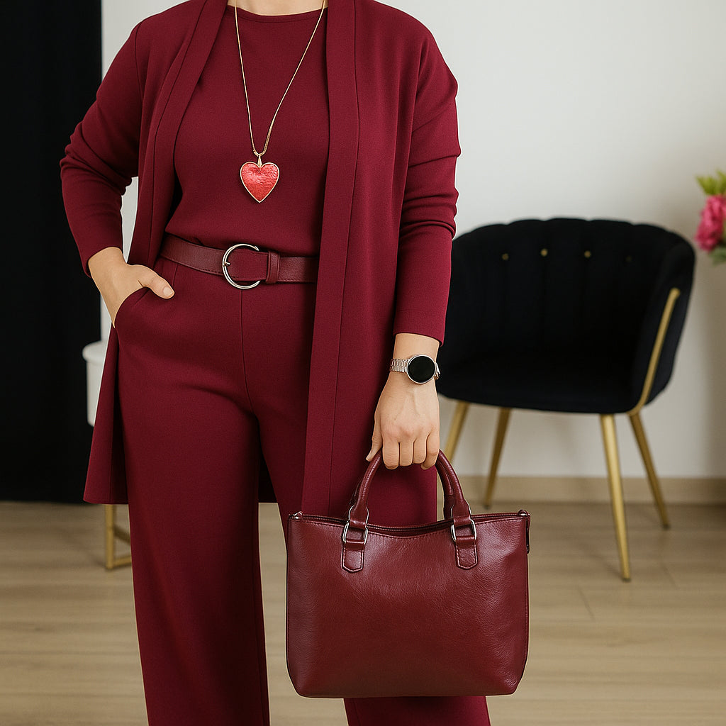 Ensemble 3 pièces élégant : long cardigan, top et pantalon pour femme