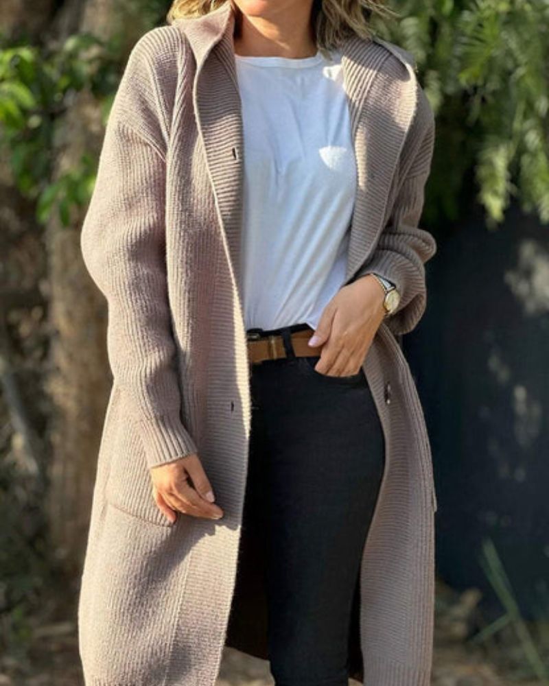 Manteau à capuche long en tricot pour femme