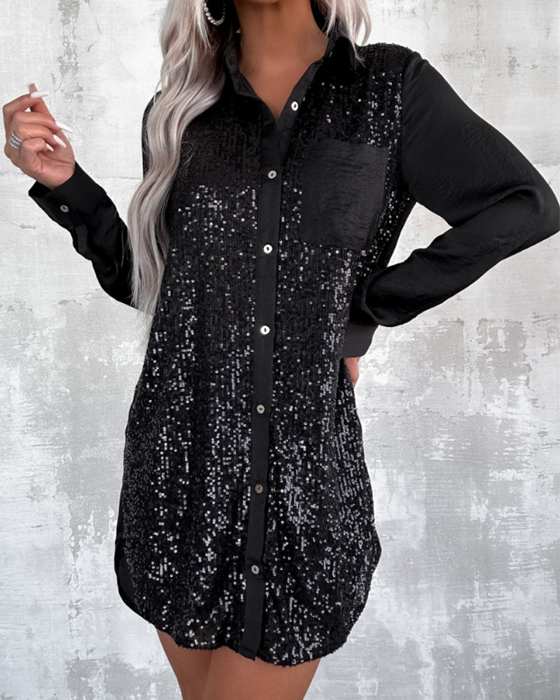 Robe élégante Revers Bouton Paillettes