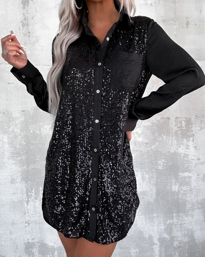 Robe élégante Revers Bouton Paillettes
