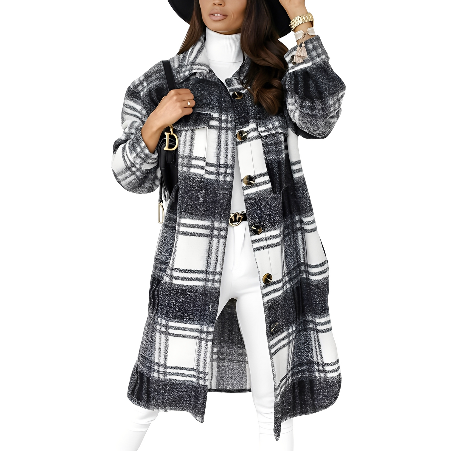 Élégante veste longue à carreaux pour femme