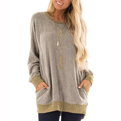 T-shirt manches longues col rond pour femme, 2 poches
