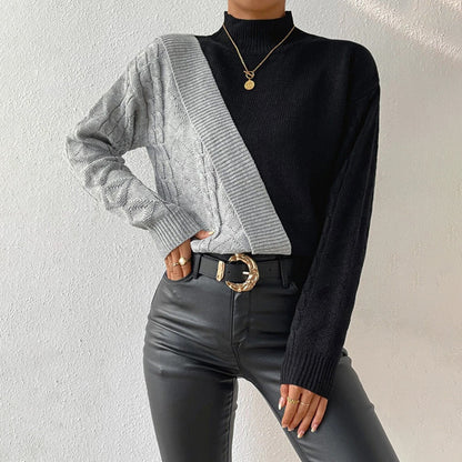 Pull tricoté femme chaud hiver patchwork col roulé