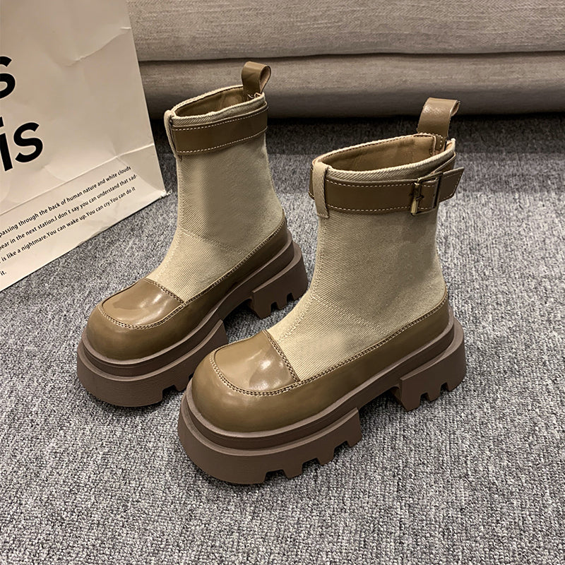 Bottes élégantes en toile courtes à semelles épaisses avec fermeture rapide