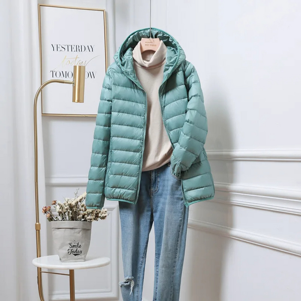 Doudoune légère femme avec capuche et fermeture éclair, veste de sport
