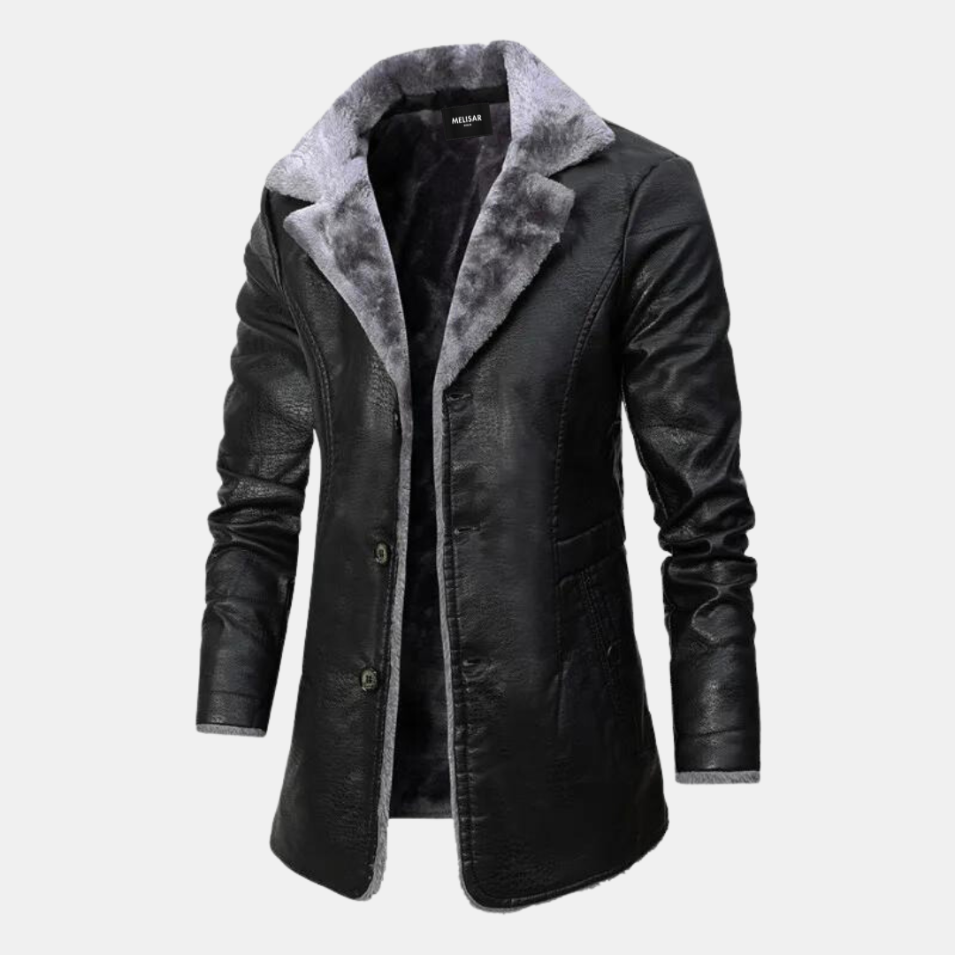 Herren Winter Ledermantel Elegant Schwarz - IdealeKleiden