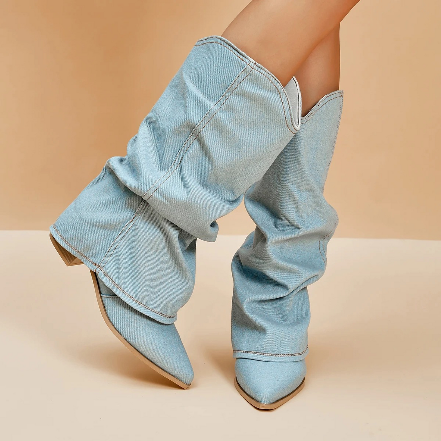 Bottes hauteur genou En jean doux Bout pointu Talon bas
