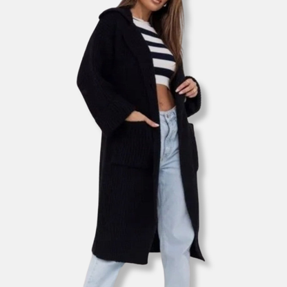 Long gilet en maille grande taille, à capuche et avec poches