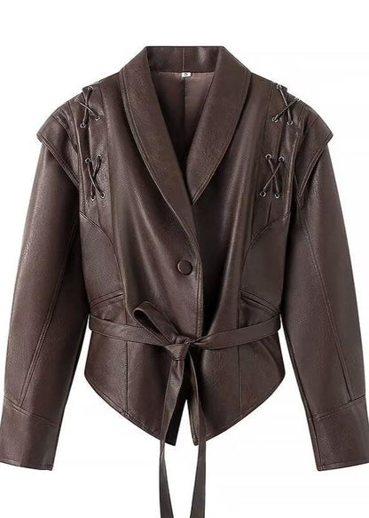 Veste cache-cœur en cuir élégante noire avec ceinture