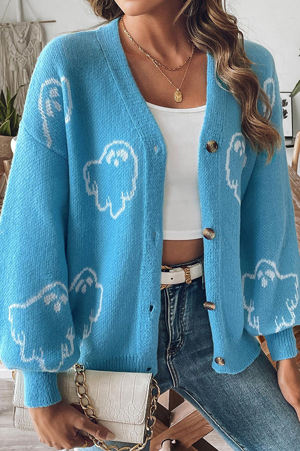 Gemütlicher Halloween Pullover mit Knöpfen und Geist Design - IdealeKleiden