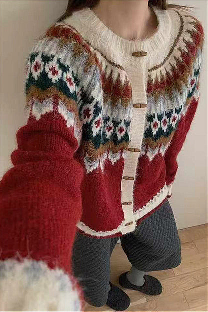 Gilet de Noël à col rond Fair Isle Boutons en corne