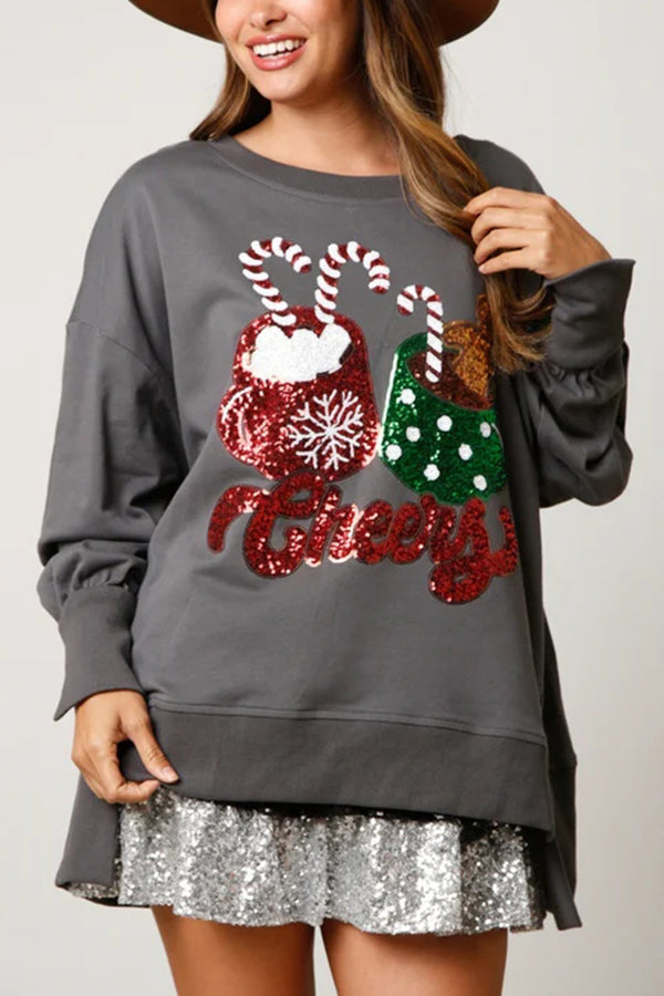 Pull de Noël à paillettes Tasse Décontracté