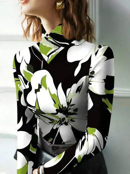 T-shirt élégant pour femme, col roulé à motifs floraux