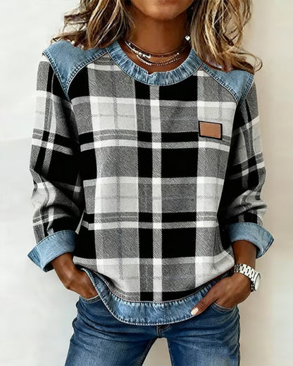 Sweat-shirt mode à motif patchwork à carreaux