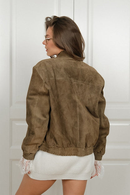 Blouson en cuir élégant aspect vintage col montant