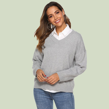 Pull en tricot femme col en V confortable manches longues