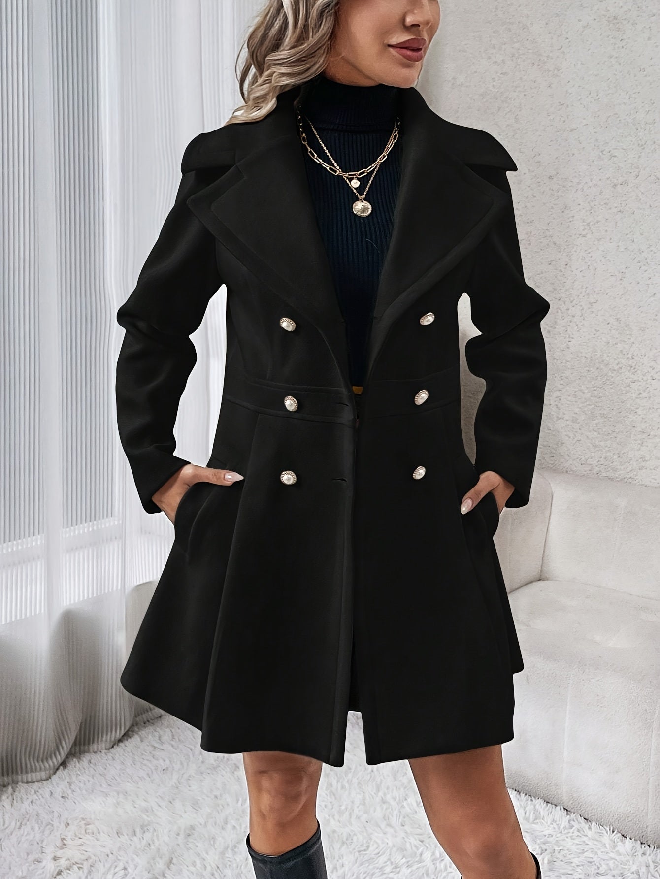 Manteau élégant pour femme, coupe cloche, double boutonnage