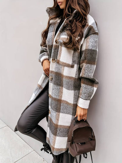 Veste en laine carreaux chaude élégante boutons pour femme