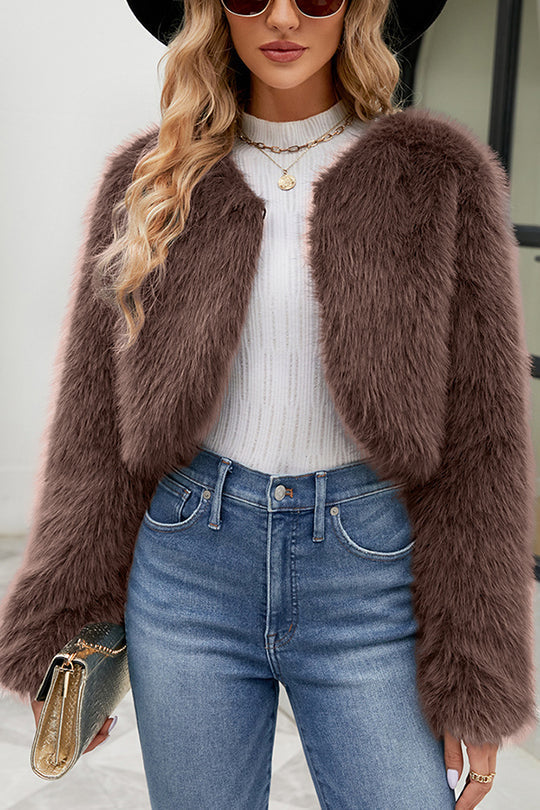 Lange Ärmel Kurze Lässige Kunstpelzjacke → Veste en fausse fourrure Tendance Manches longues Décontracté
