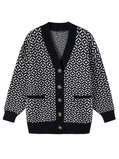 Bequeme Strickjacke Geometrisch Modern Knopfverschluss - IdealeKleiden