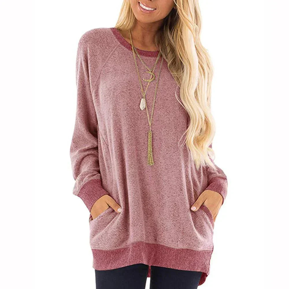 T-shirt manches longues col rond pour femme, 2 poches
