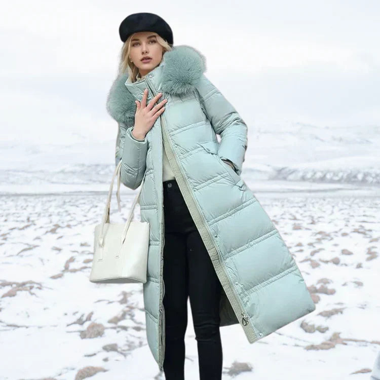 Veste longue femme élégante ajustée avec détail en fourrure