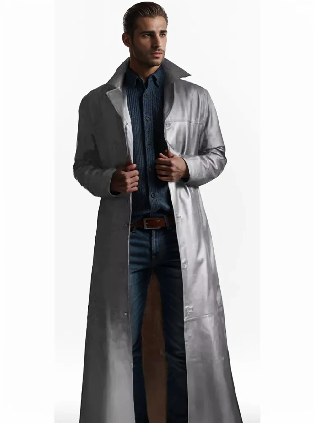 Élégant long manteau en cuir pour homme