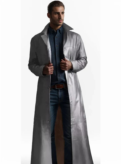 Élégant long manteau en cuir pour homme