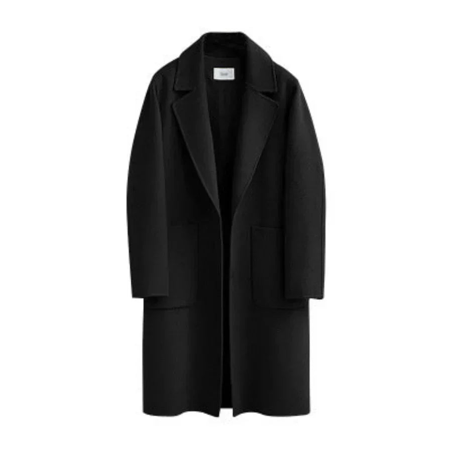 Trench-coat élégant en laine mélangée coupe ample longueur midi