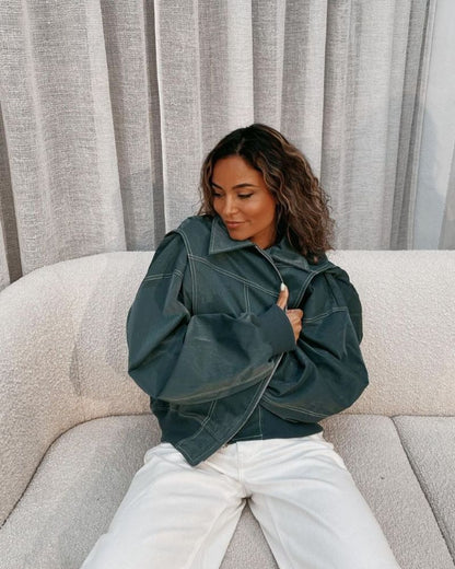 Blouson bombardier en cuir élégant noir pour femme
