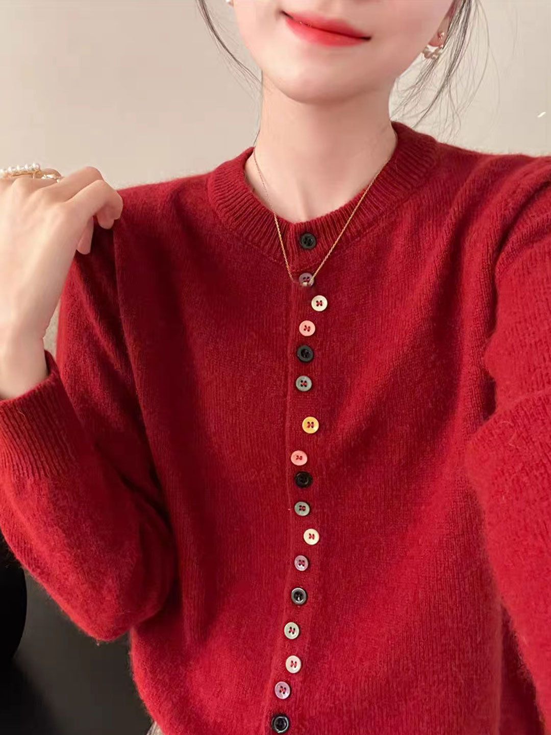 Cardigan coloré col rond doux multicolore