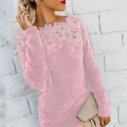 Pull hiver femme motif floral dentelle