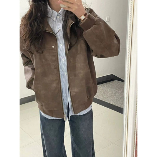 Ledermantel Damen Bomberjacke Elegant Reißverschluss - IdealeKleiden