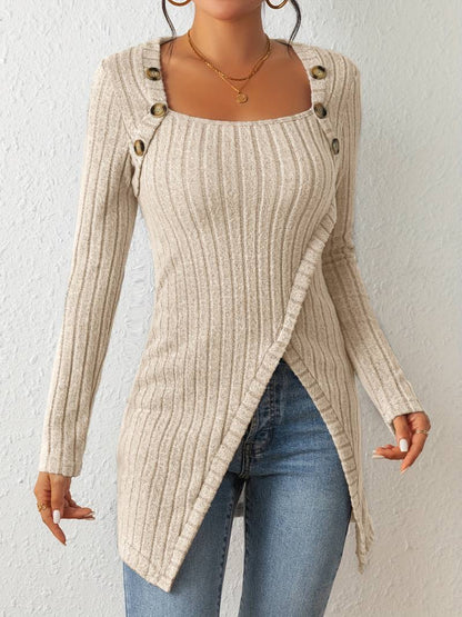 Stylischer Pullover Damen Quadrat Ausschnitt Langärmlig - IdealeKleiden