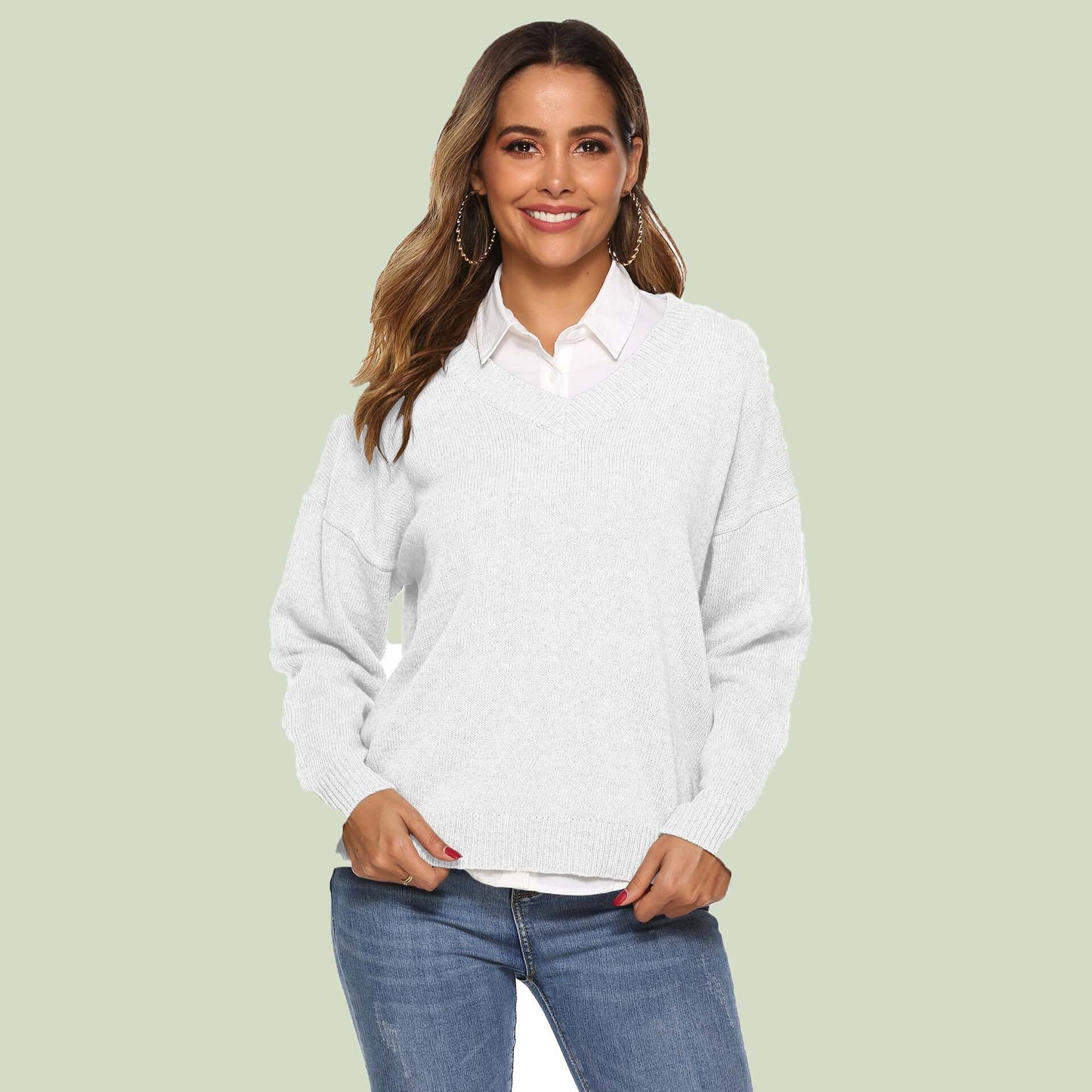 Pull en tricot femme col en V confortable manches longues