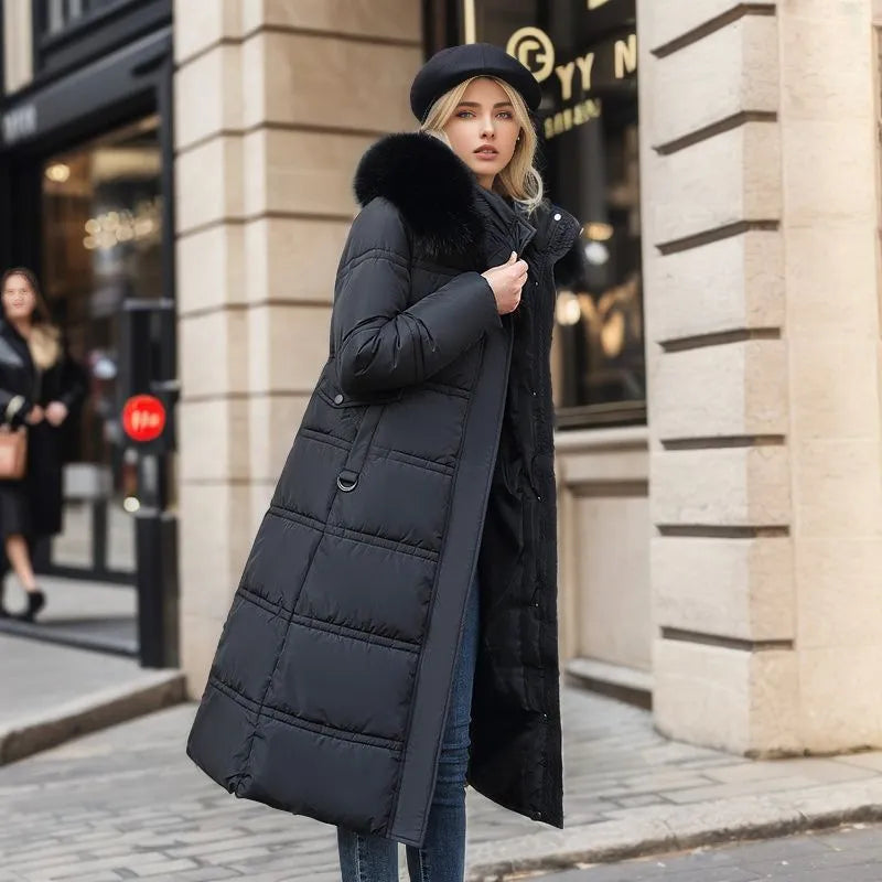 Manteau d'hiver femme long capuche fourrure ceinture