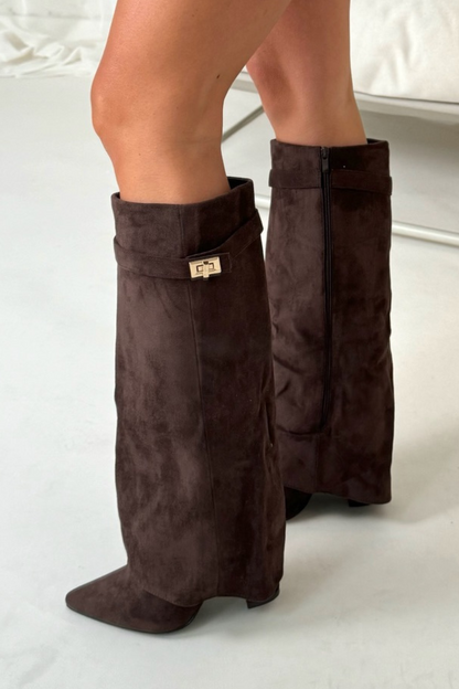 Bottes hauteur genou pliables daim boucle talon bloc