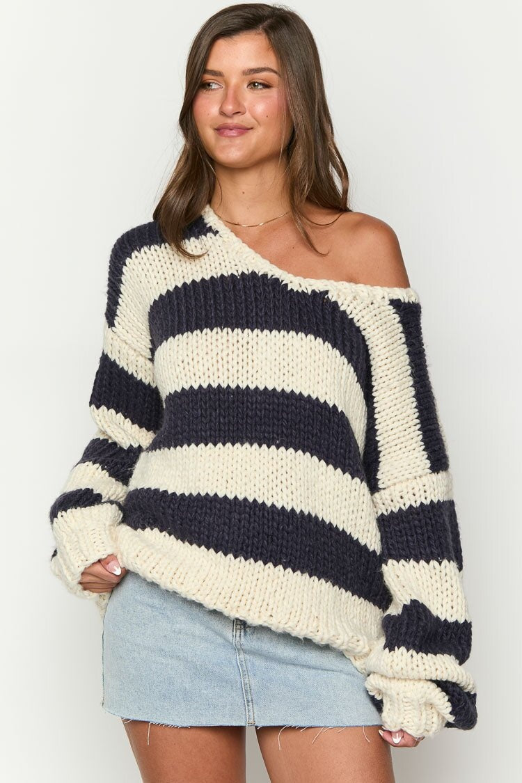 Pull tendance Épaules dénudées Rayures