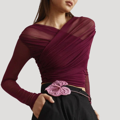 Top cache-cœur transparent à manches longues pour femme