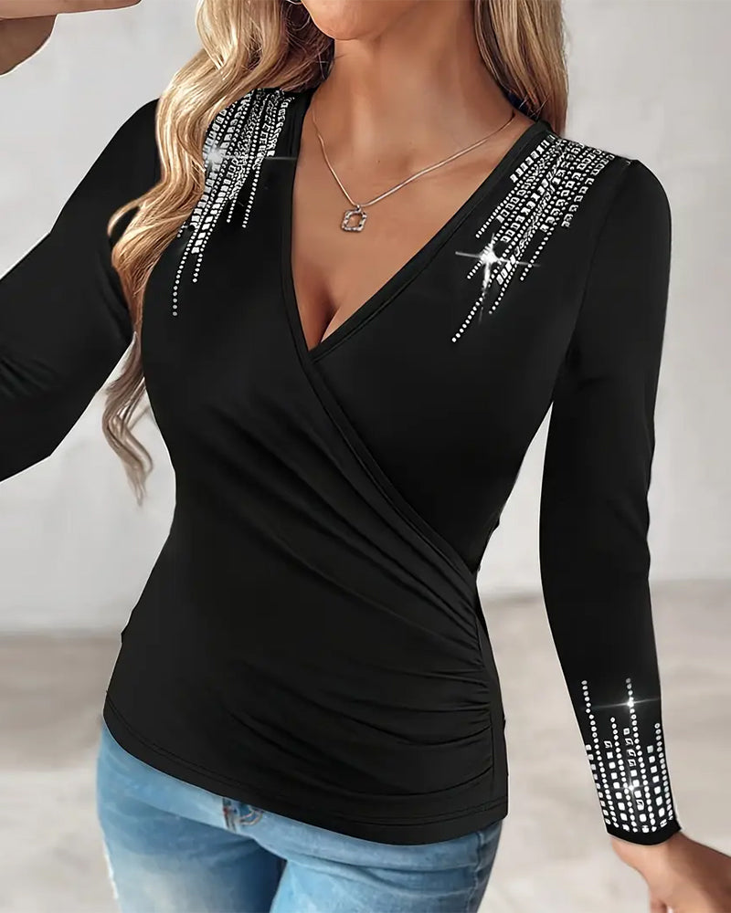 Robe élégante col en V à paillettes diamantées
