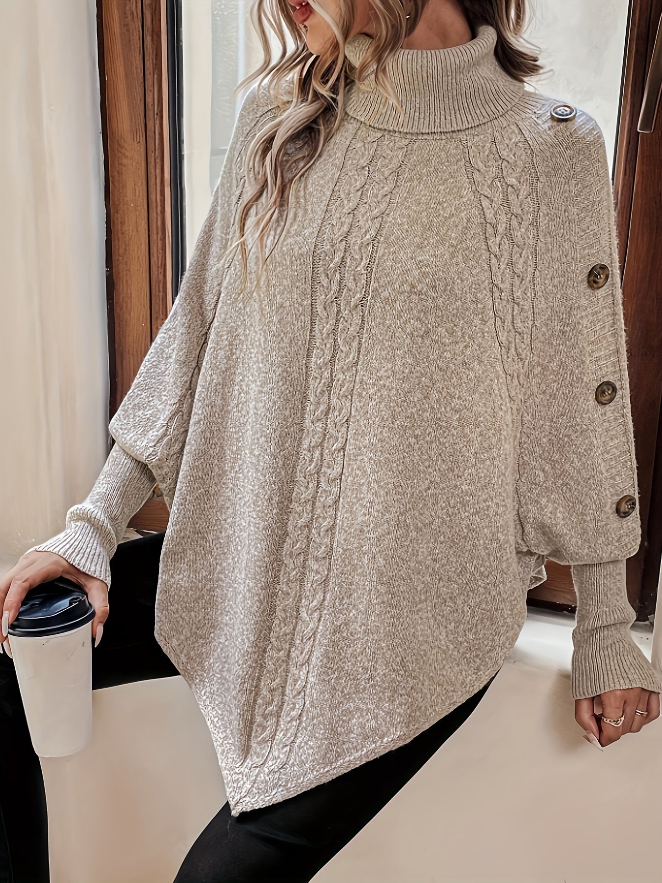Poncho pull élégant en acrylique doux avec boutons