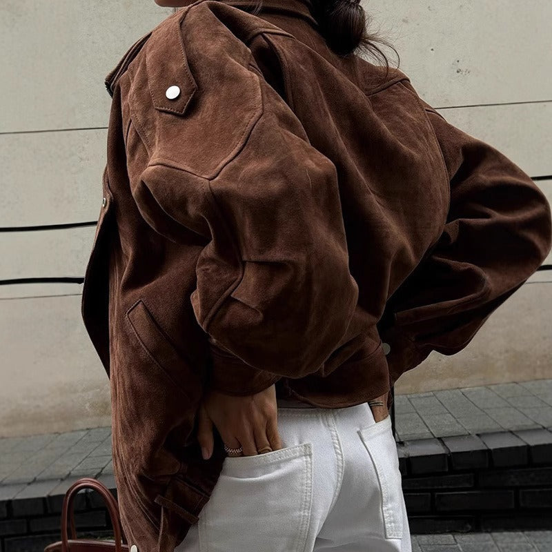 Moderne Oversized Jacke Wildleder Optik Asymmetrisch - IdealeKleiden
