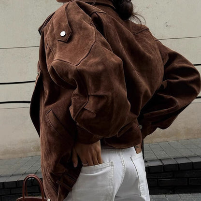 Moderne Oversized Jacke Wildleder Optik Asymmetrisch - IdealeKleiden
