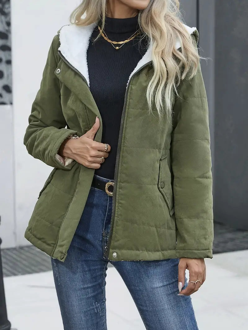 Damen Wintermantel Reißverschluss Fellfutter Warm Elegant - IdealeKleiden