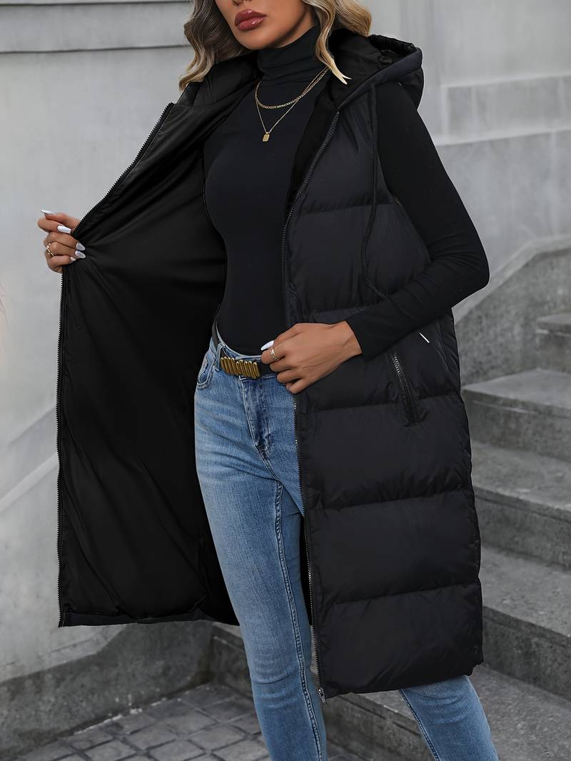 Gilet long à capuche zippé pour femme