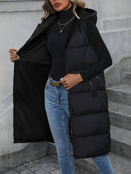 Gilet long à capuche zippé pour femme