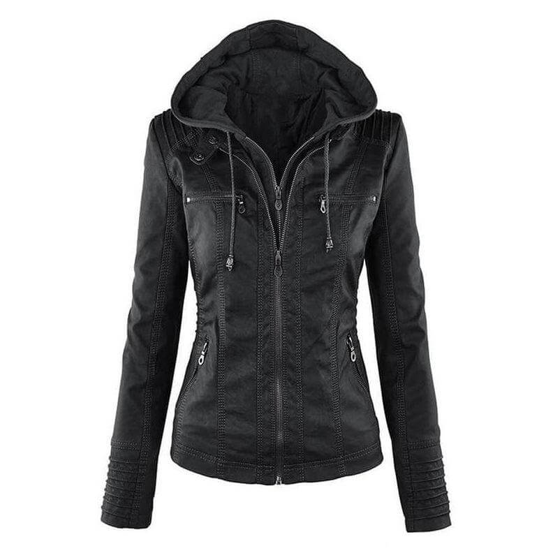 Veste en cuir slim pour femme avec capuche zippée